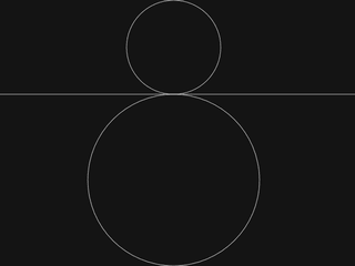 Excercise 3 output: a horizontal line with a circle above it touching top of the screen and the line and a circle below the line touching the top of the screen and the line
